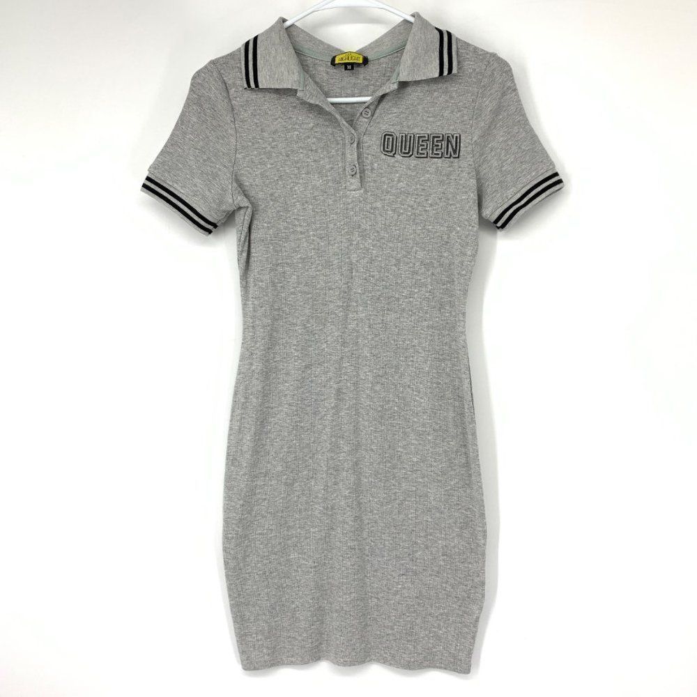 Womens Shirt Dress M Polo T-shirt Collared Gray Rib Queen Highlight 3474